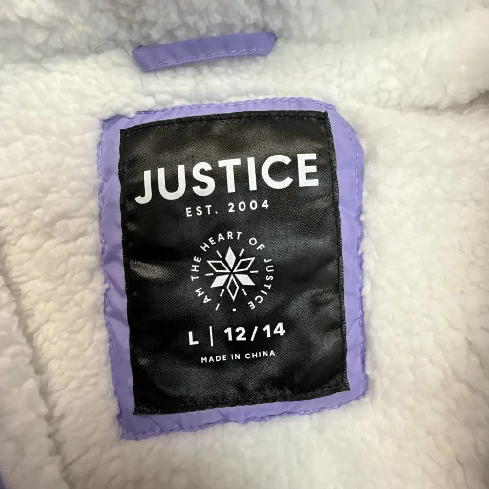Justice Girls Classic Puffer Jacket Faux Fur Hood Winter Coat Lavender Size L